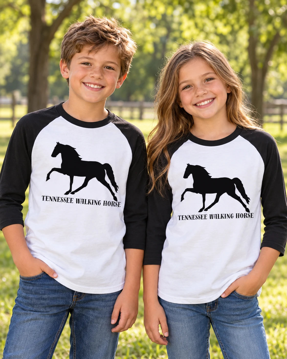 AI boy and girl wearing black-and-white Tennessee Walking Horse raglan shirts