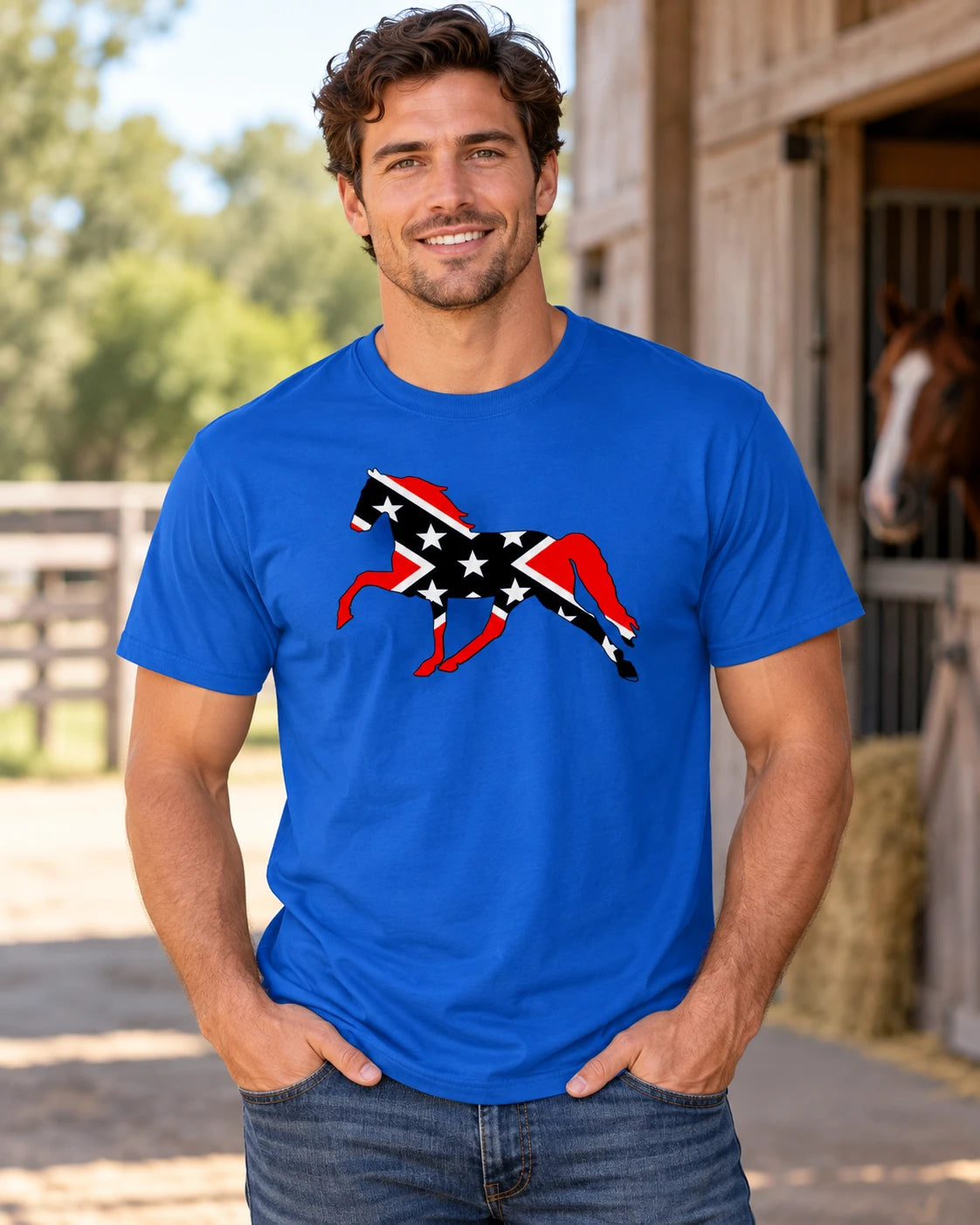 AI man model wearing the blue Rebel on the Rail horse graphic T-shirt