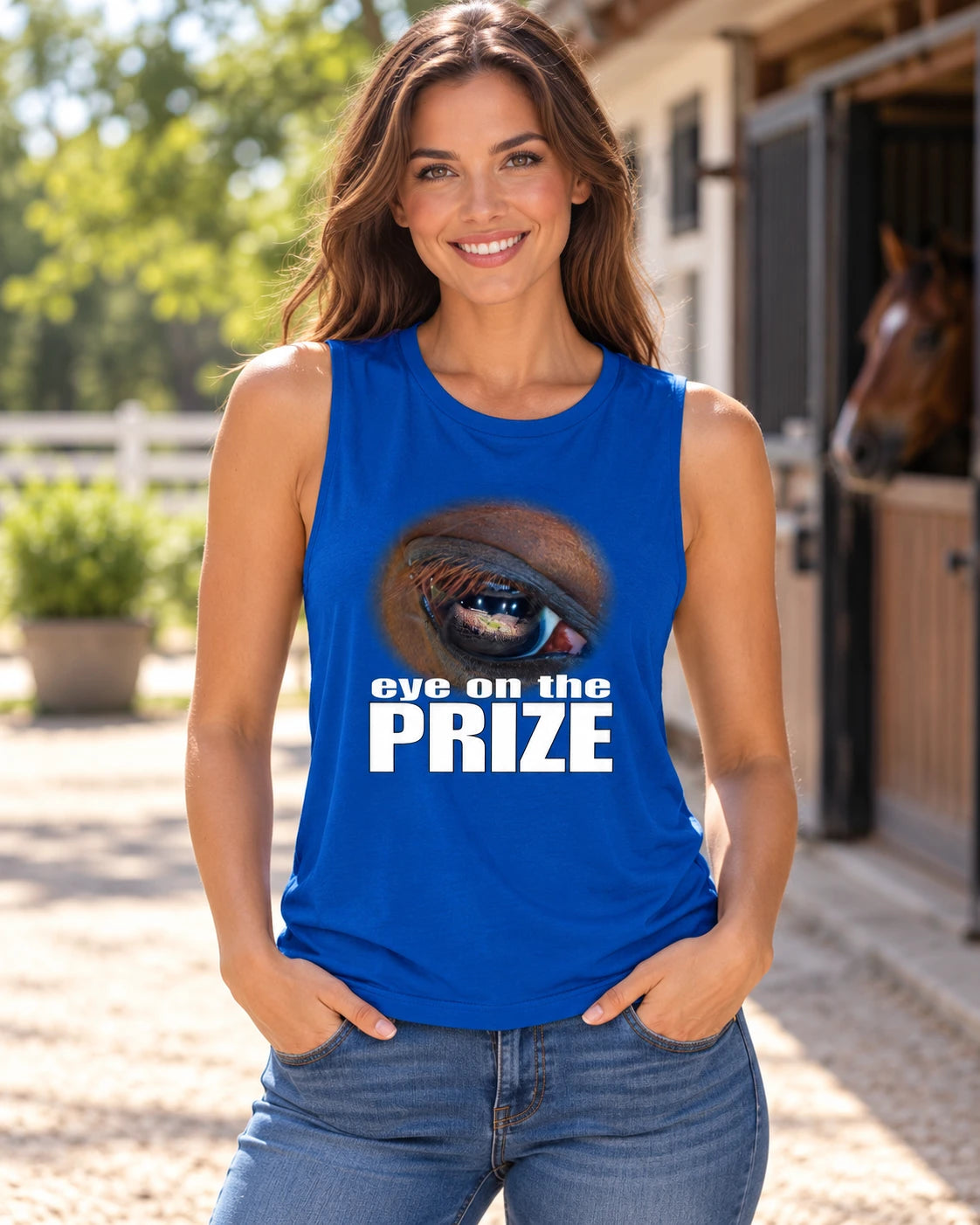 AI woman model wearing the blue Eye on the Prize tank with its full horse-eye graphic visible