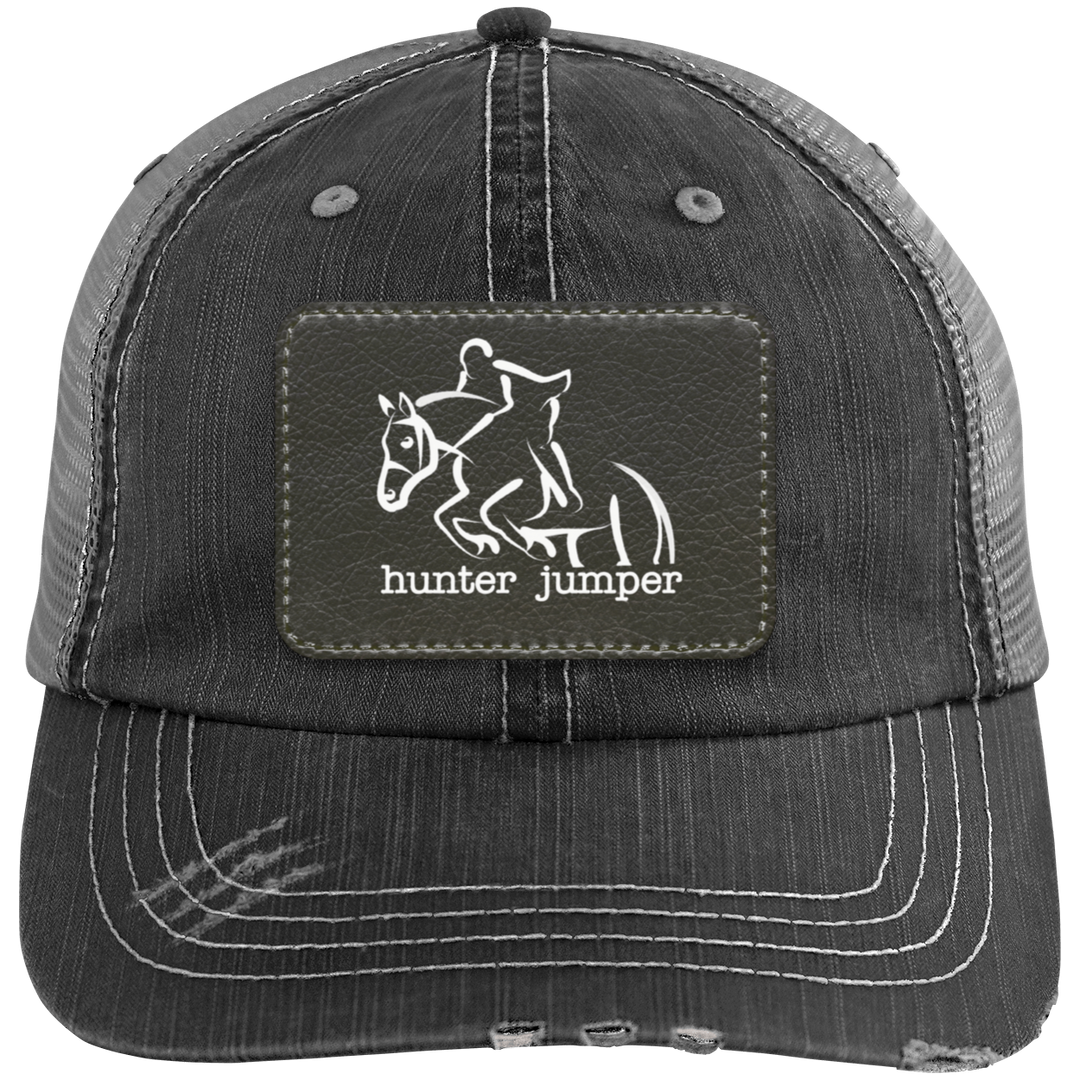 HUNTER JUMPER BLACK LEATHER 6990 Distressed Unstructured Trucker Cap - Patch