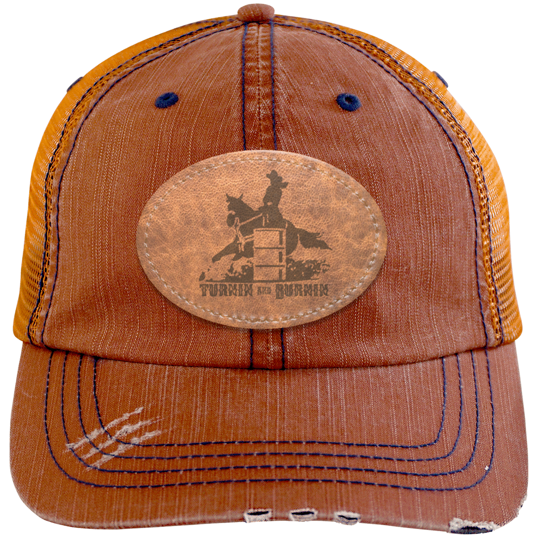 TURNIN AND BURNIN ON LEATHER 6990 Distressed Unstructured Trucker Cap - Patch
