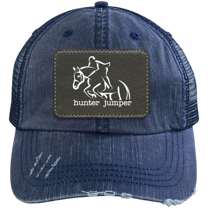 HUNTER JUMPER BLACK LEATHER 6990 Distressed Unstructured Trucker Cap - Patch