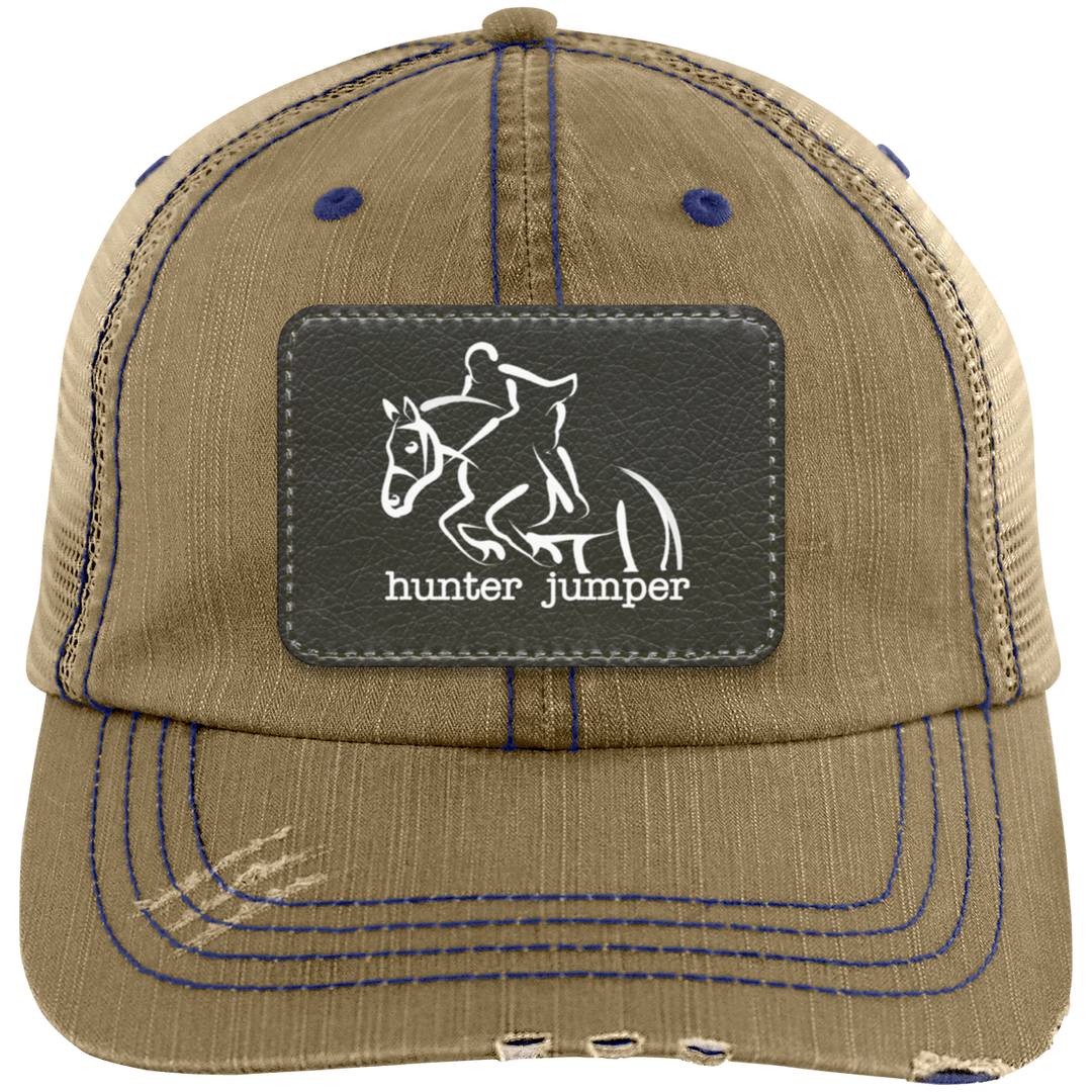 HUNTER JUMPER BLACK LEATHER 6990 Distressed Unstructured Trucker Cap - Patch