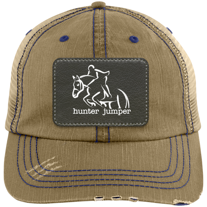 HUNTER JUMPER BLACK LEATHER 6990 Distressed Unstructured Trucker Cap - Patch