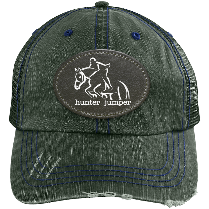 HUNTER JUMPER BLACK LEATHER 6990 Distressed Unstructured Trucker Cap - Patch
