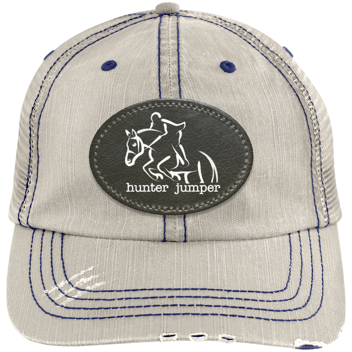 HUNTER JUMPER BLACK LEATHER 6990 Distressed Unstructured Trucker Cap - Patch