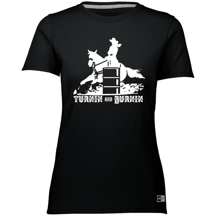 TURNIN AND BURNIN BARREL RACING (white) 4HORSE 64STTX Ladies’ Essential Dri-Power Tee
