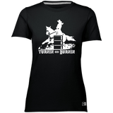 TURNIN AND BURNIN BARREL RACING (white) 4HORSE 64STTX Ladies’ Essential Dri-Power Tee