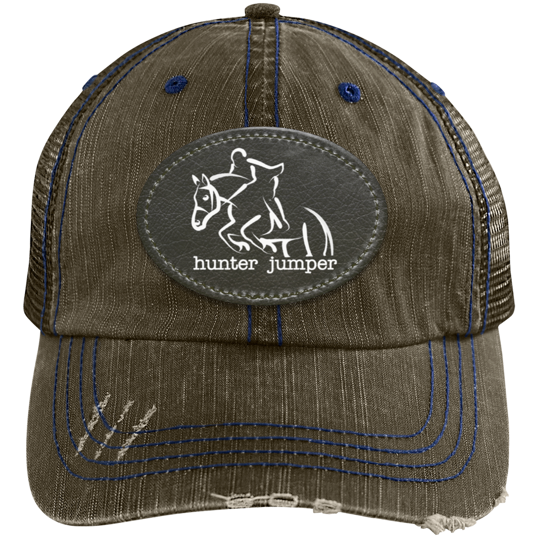 HUNTER JUMPER BLACK LEATHER 6990 Distressed Unstructured Trucker Cap - Patch