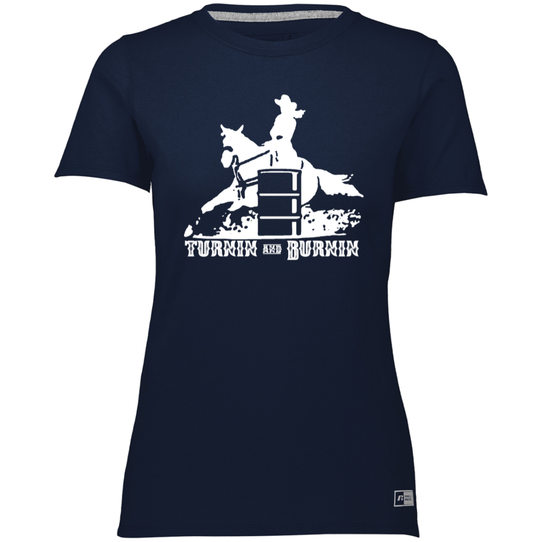 TURNIN AND BURNIN BARREL RACING (white) 4HORSE 64STTX Ladies’ Essential Dri-Power Tee