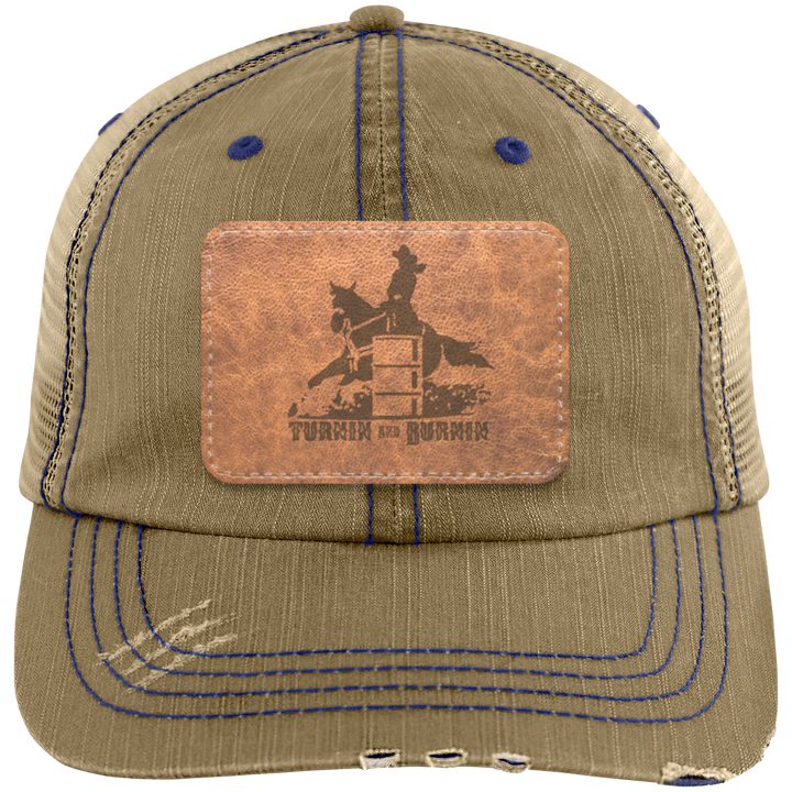 TURNIN AND BURNIN ON LEATHER 6990 Distressed Unstructured Trucker Cap - Patch