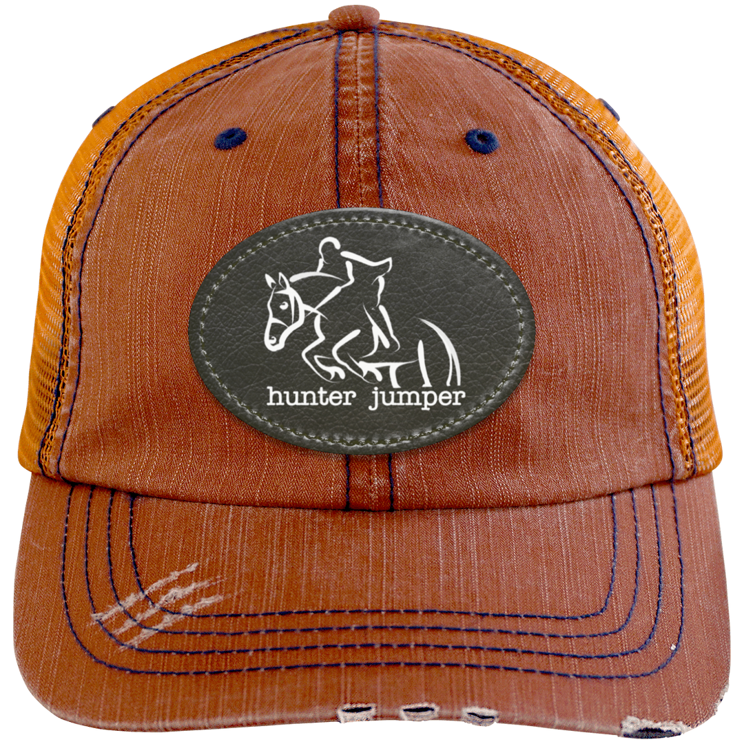 HUNTER JUMPER BLACK LEATHER 6990 Distressed Unstructured Trucker Cap - Patch