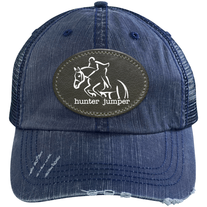 HUNTER JUMPER BLACK LEATHER 6990 Distressed Unstructured Trucker Cap - Patch