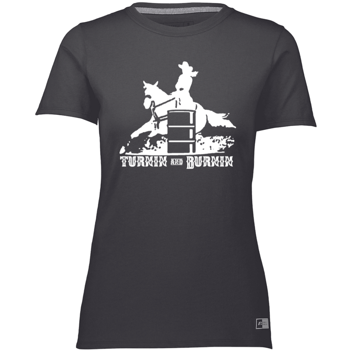 TURNIN AND BURNIN BARREL RACING (white) 4HORSE 64STTX Ladies’ Essential Dri-Power Tee
