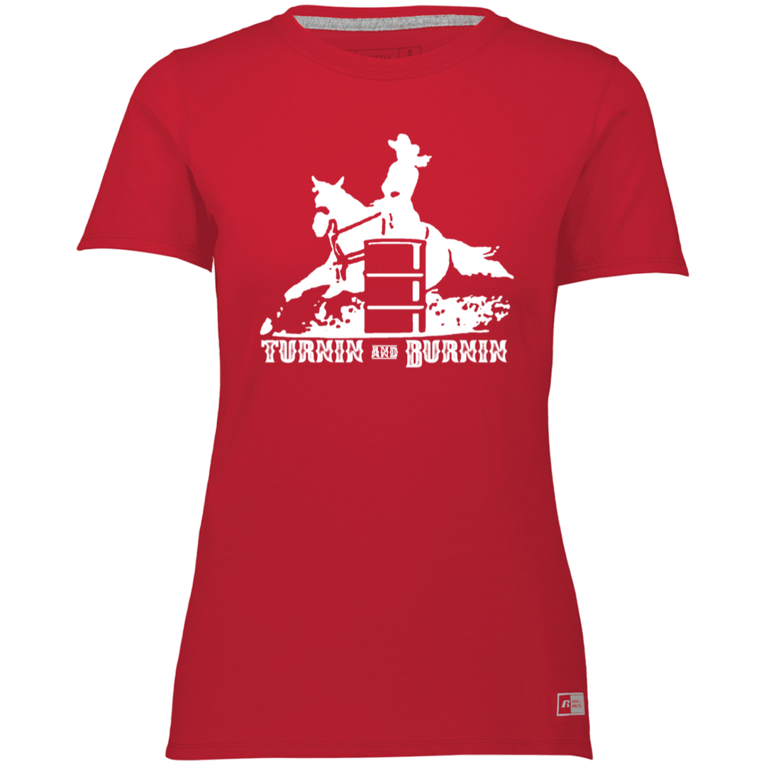 TURNIN AND BURNIN BARREL RACING (white) 4HORSE 64STTX Ladies’ Essential Dri-Power Tee
