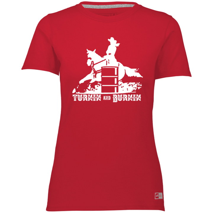 TURNIN AND BURNIN BARREL RACING (white) 4HORSE 64STTX Ladies’ Essential Dri-Power Tee