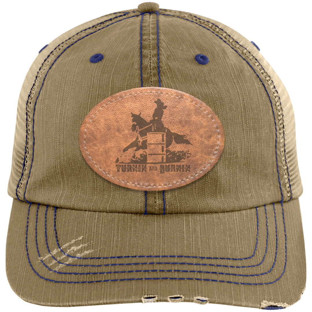TURNIN AND BURNIN ON LEATHER 6990 Distressed Unstructured Trucker Cap - Patch