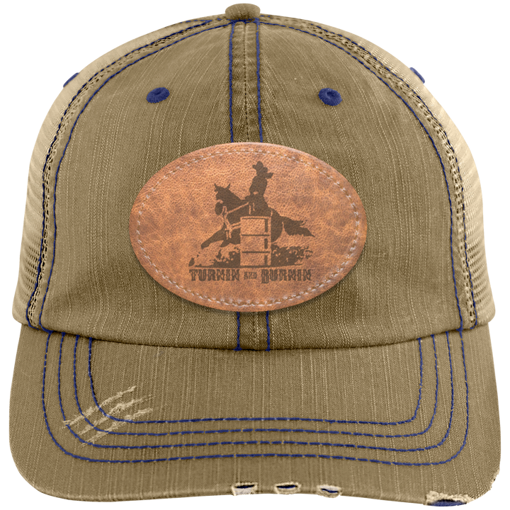 TURNIN AND BURNIN ON LEATHER 6990 Distressed Unstructured Trucker Cap - Patch