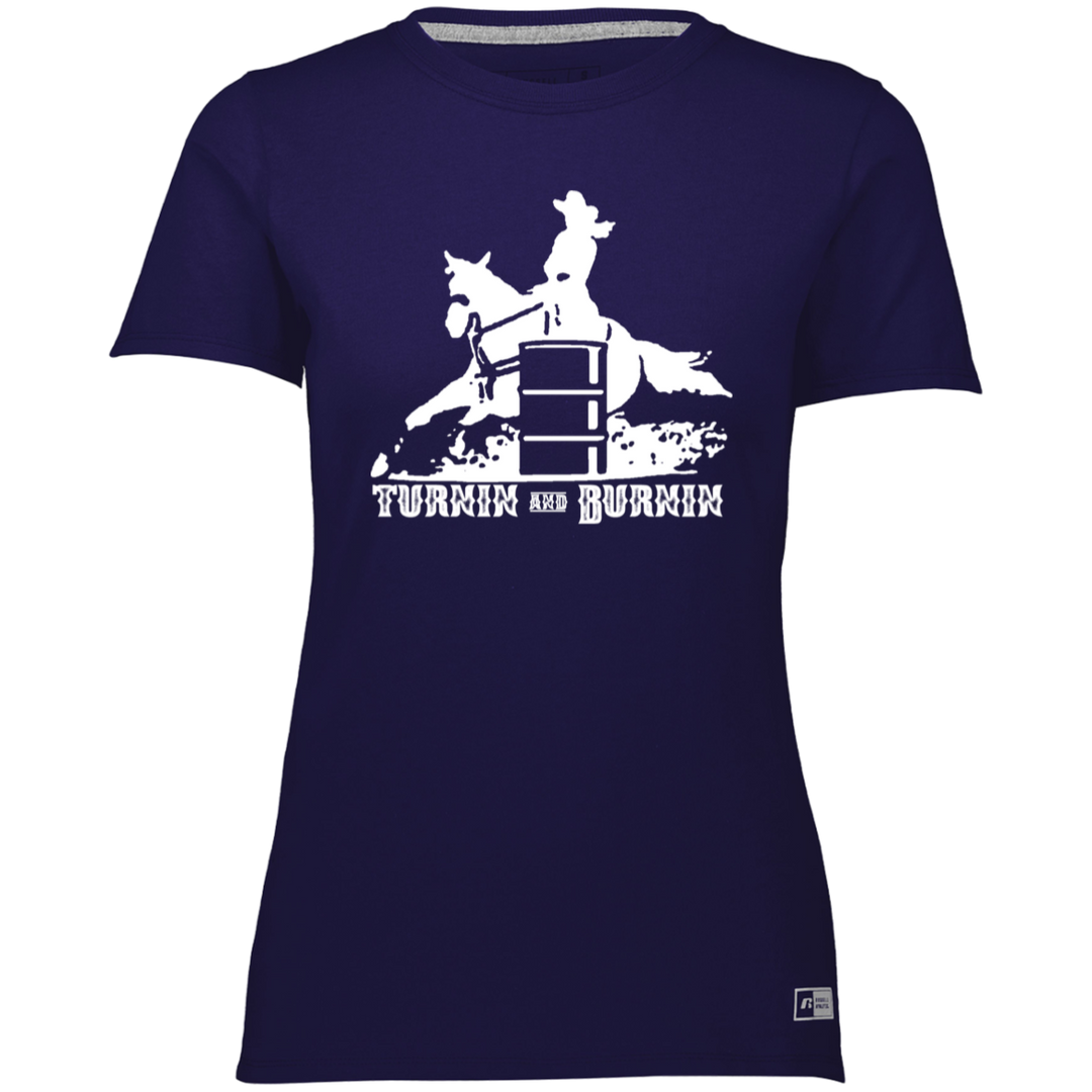 TURNIN AND BURNIN BARREL RACING (white) 4HORSE 64STTX Ladies’ Essential Dri-Power Tee