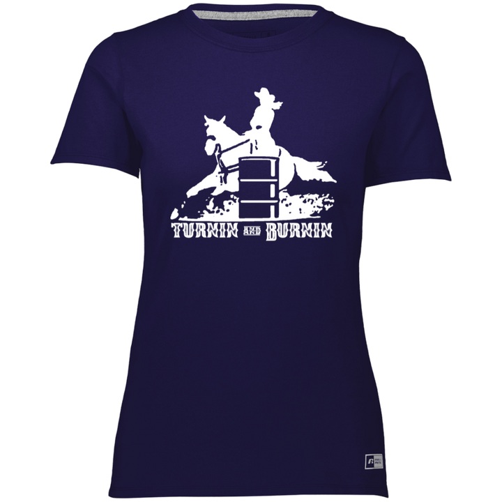 TURNIN AND BURNIN BARREL RACING (white) 4HORSE 64STTX Ladies’ Essential Dri-Power Tee