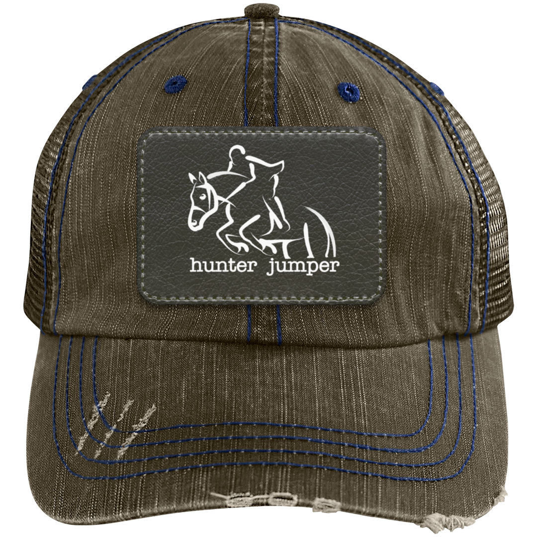HUNTER JUMPER BLACK LEATHER 6990 Distressed Unstructured Trucker Cap - Patch