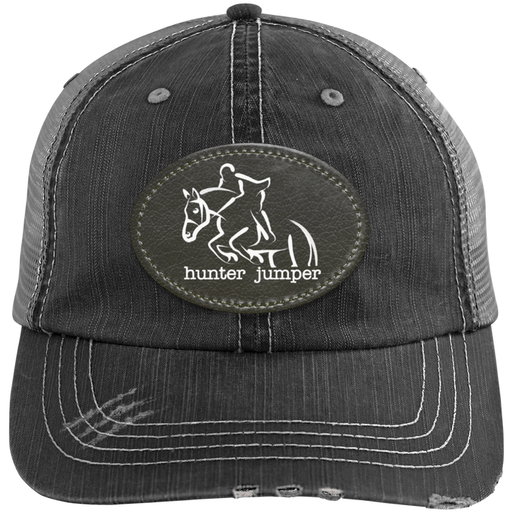 HUNTER JUMPER BLACK LEATHER 6990 Distressed Unstructured Trucker Cap - Patch