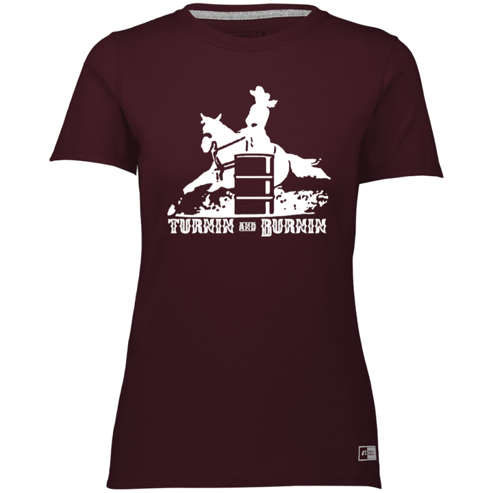 TURNIN AND BURNIN BARREL RACING (white) 4HORSE 64STTX Ladies’ Essential Dri-Power Tee