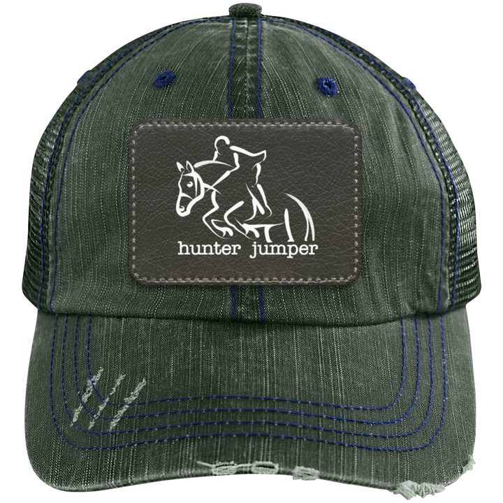HUNTER JUMPER BLACK LEATHER 6990 Distressed Unstructured Trucker Cap - Patch