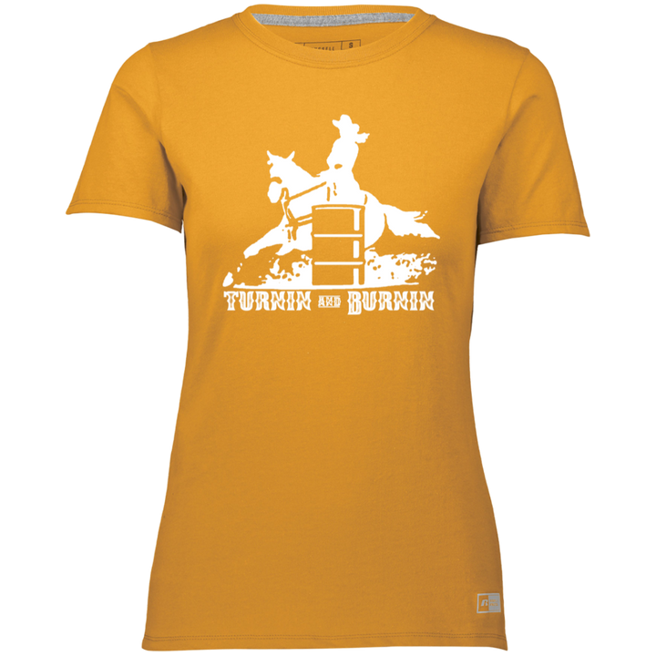 TURNIN AND BURNIN BARREL RACING (white) 4HORSE 64STTX Ladies’ Essential Dri-Power Tee