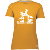 TURNIN AND BURNIN BARREL RACING (white) 4HORSE 64STTX Ladies’ Essential Dri-Power Tee
