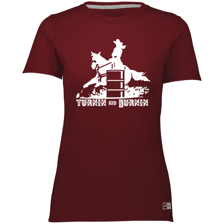 TURNIN AND BURNIN BARREL RACING (white) 4HORSE 64STTX Ladies’ Essential Dri-Power Tee