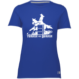 TURNIN AND BURNIN BARREL RACING (white) 4HORSE 64STTX Ladies’ Essential Dri-Power Tee