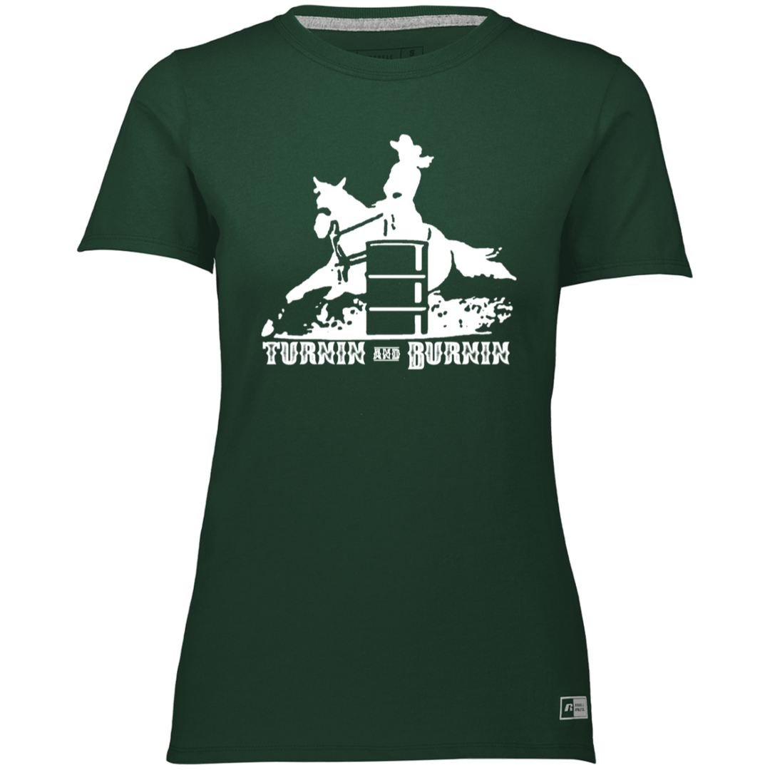 TURNIN AND BURNIN BARREL RACING (white) 4HORSE 64STTX Ladies’ Essential Dri-Power Tee
