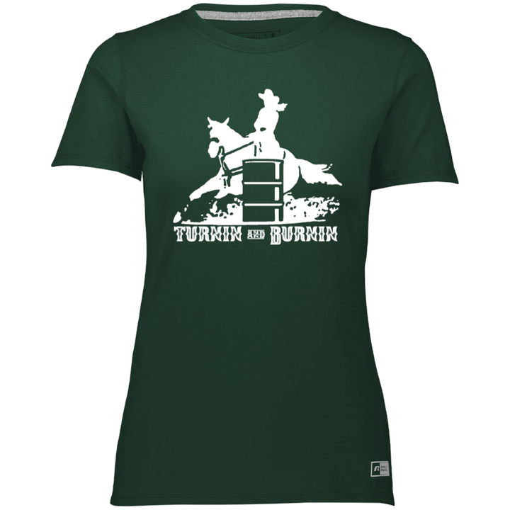 TURNIN AND BURNIN BARREL RACING (white) 4HORSE 64STTX Ladies’ Essential Dri-Power Tee