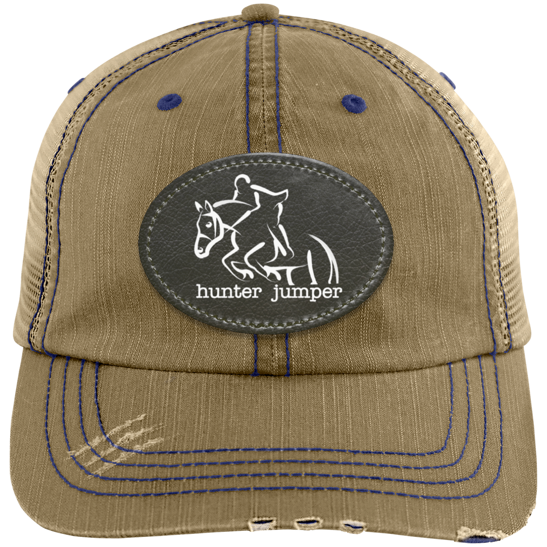 HUNTER JUMPER BLACK LEATHER 6990 Distressed Unstructured Trucker Cap - Patch
