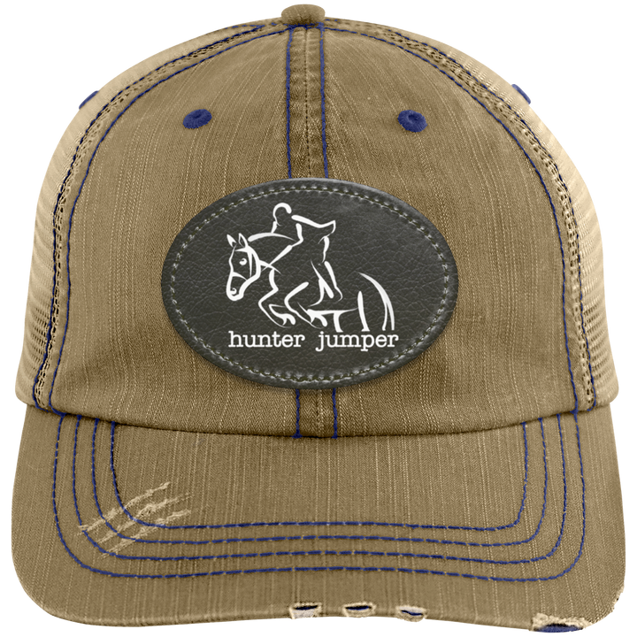 HUNTER JUMPER BLACK LEATHER 6990 Distressed Unstructured Trucker Cap - Patch