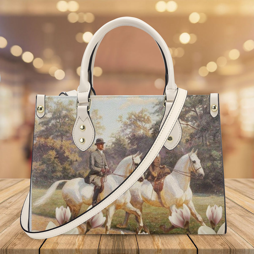VINTAGE RIDE-GREY HORSES MAGNOLIA Luxury Women PU Tote Bag - White