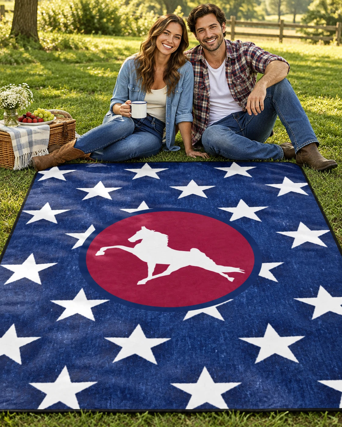 AI couple enjoying a picnic beside the blue Field of Stars horse blanket