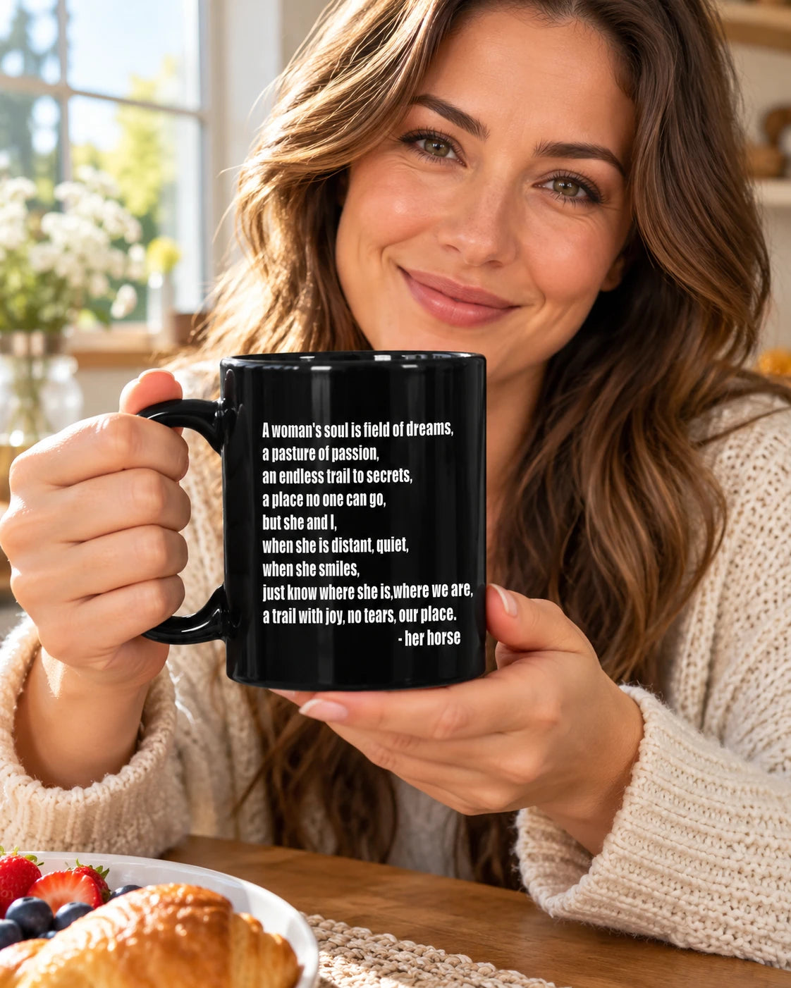 AI woman model holding the black A Letter From Her Horse mug
