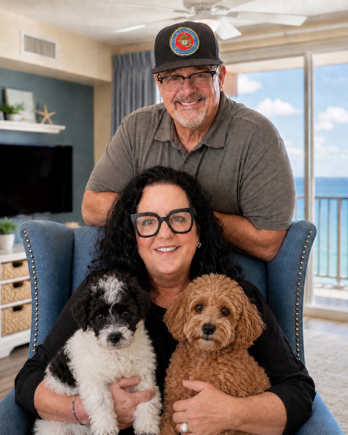 Tommy and Kristi Williams with their two dogs by the beach